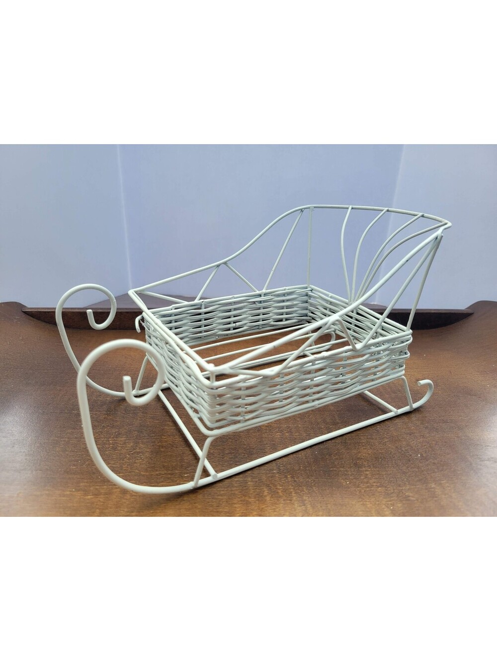 White Metal Sleigh Centerpiece Basket Christmas Shabby Cottage Table Decor